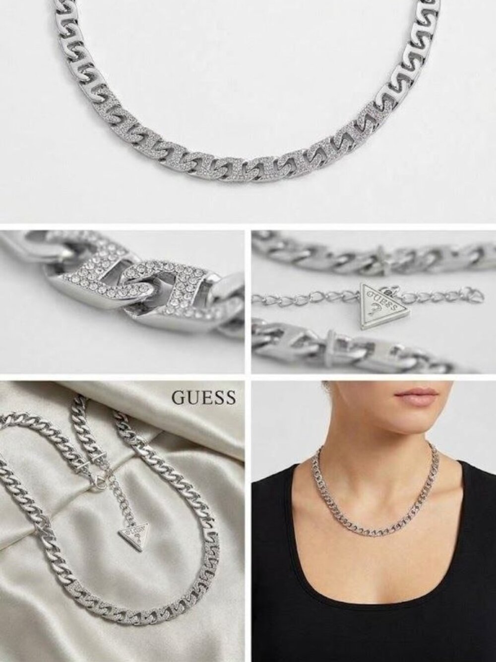 GUESS Silver-Tone Rhinestone Link Collar Chain Necklace Triangle Tag